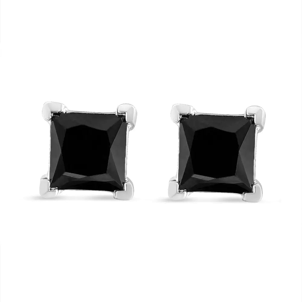 14K White Gold Princess-Cut Treated Black Diamond Classic 4-Prong Stud Earrings - Pushback