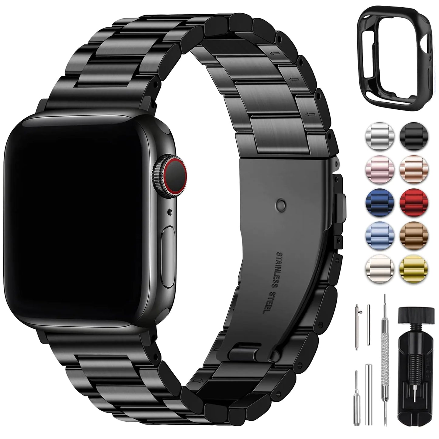 Fullmosa Compatible Apple Watch Bands 49mm 45mm 46mm 44mm 42mm 41mm 40mm 38mm, Metal iWatch Band with Case for Apple Watch Ultra Series 10 9 8 7 6 5 4 3 2 1 SE, 42mm 44mm 45mm Black